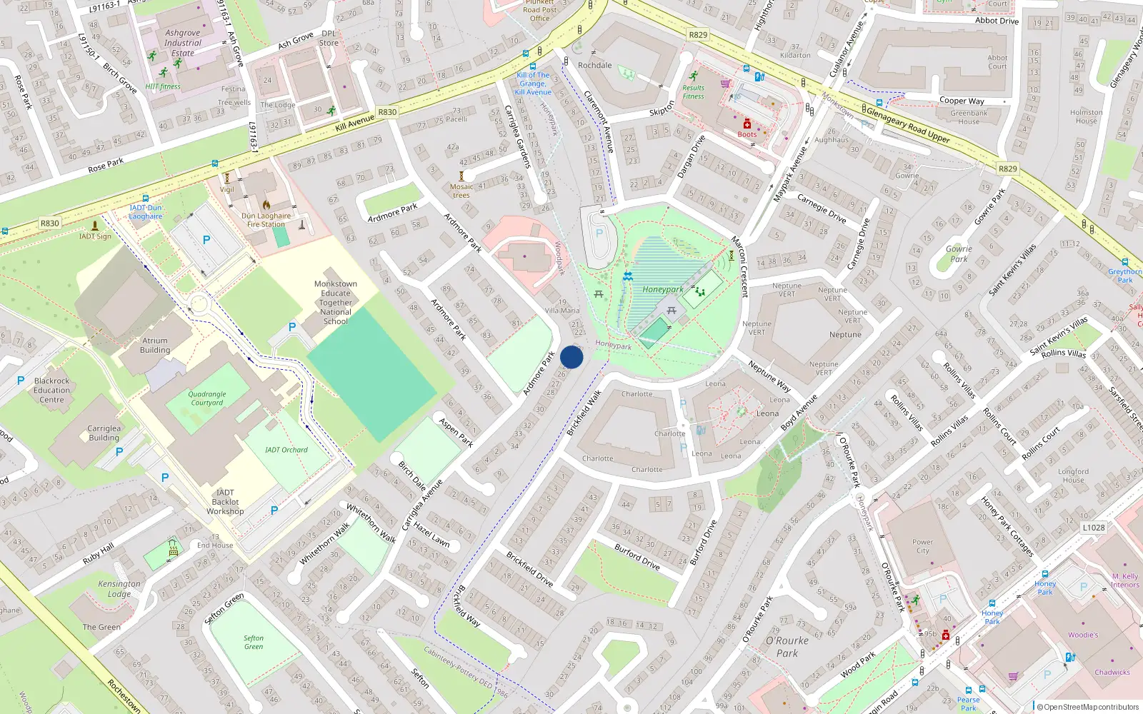 Overhead map showing the location of 24 Ardmore Park, Kill Avenue, Dun Laoghaire