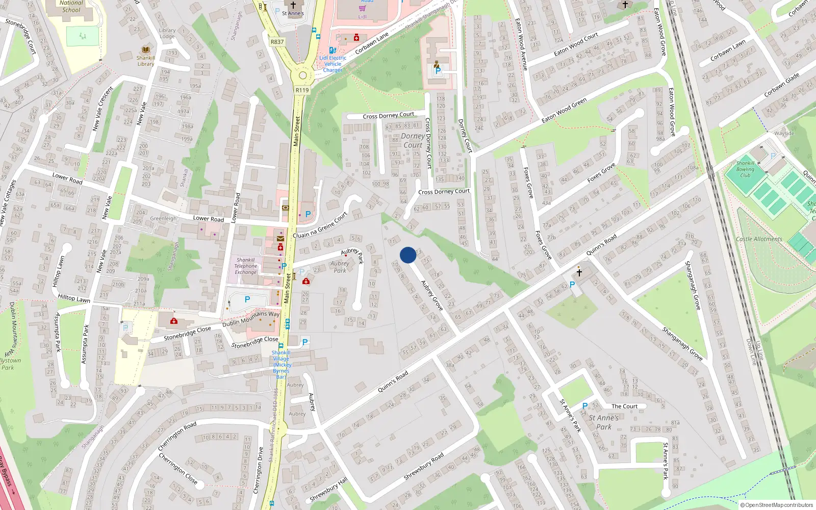 Overhead map showing the location of 24 Aubrey Grove, Shankill