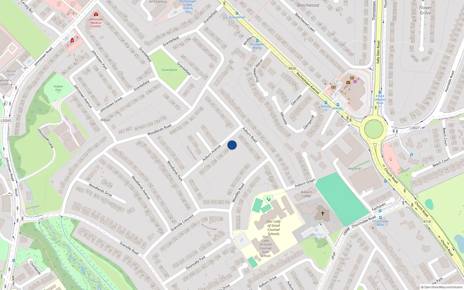 Overhead map showing the location of 24 Auburn Avenue, Johnstown Road, Dun Laoghaire