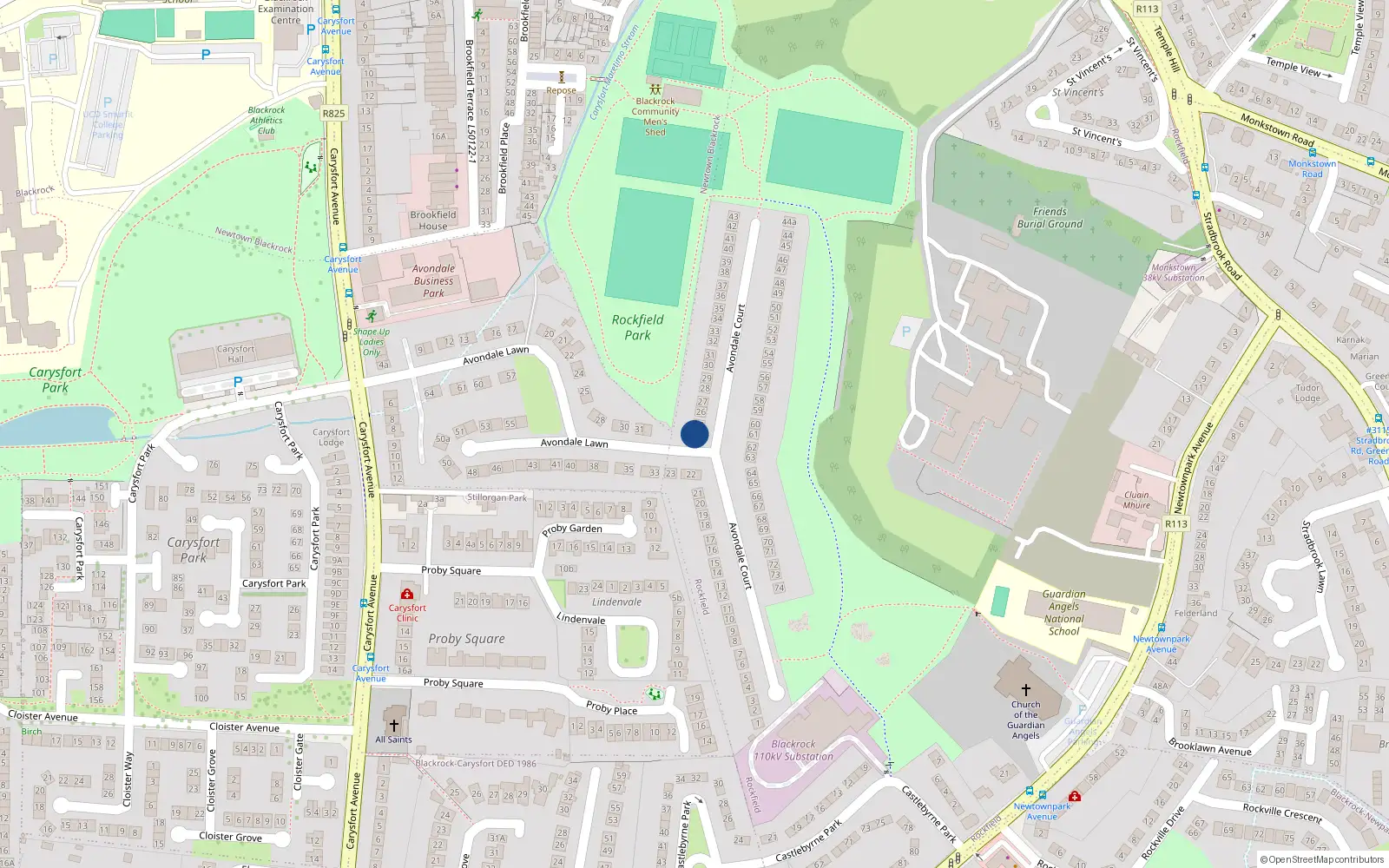 Overhead map showing the location of 24 Avondale Court, Blackrock, Dublin