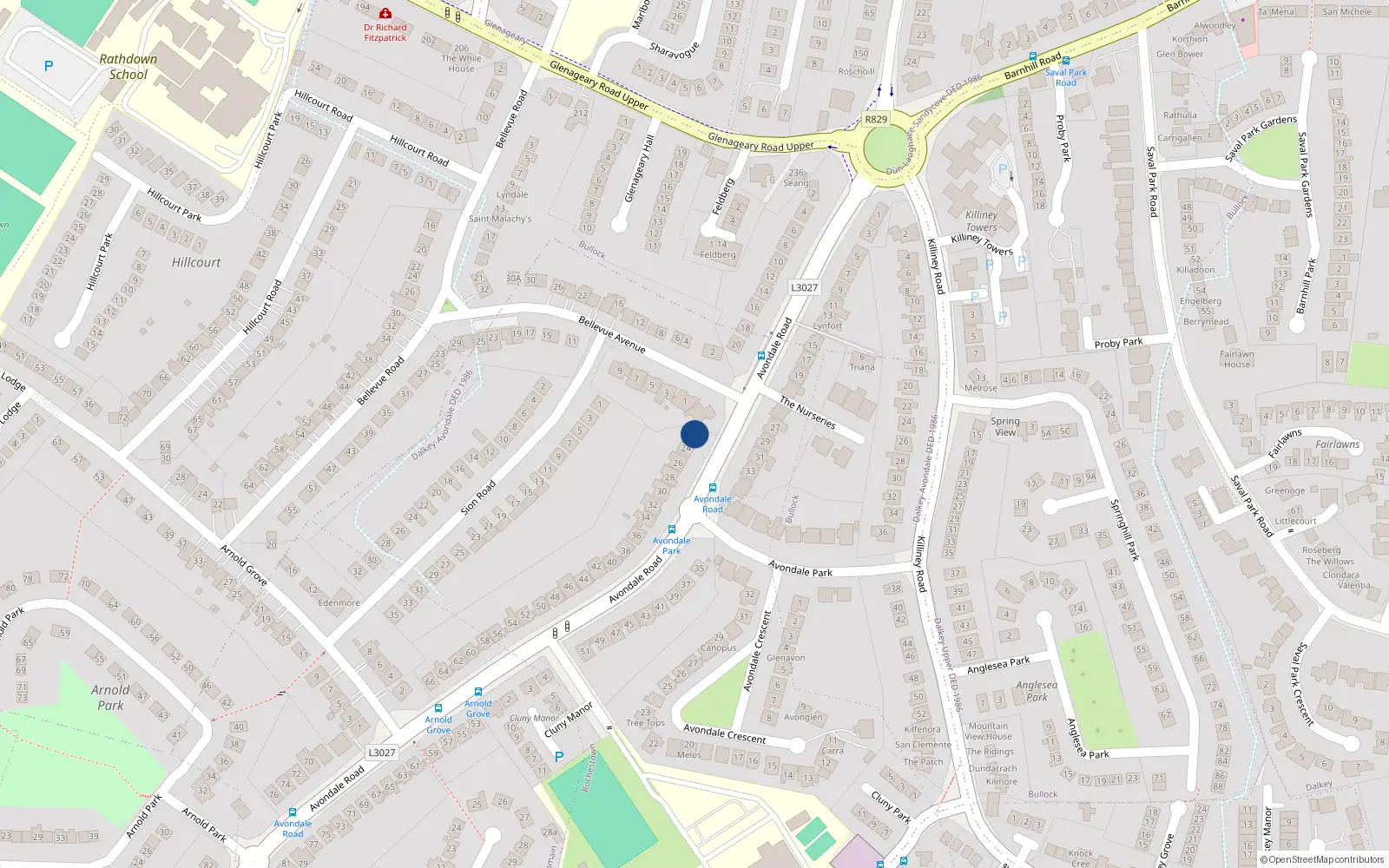 Overhead map showing the location of 24 Avondale Road, Killiney