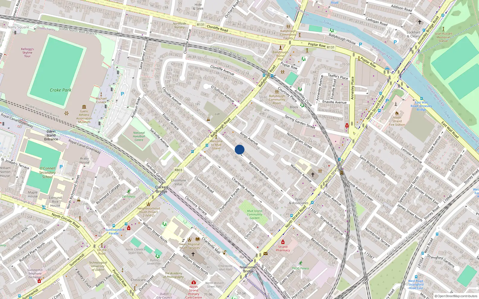 Overhead map showing the location of 24 Bayview Avenue, Dublin 3