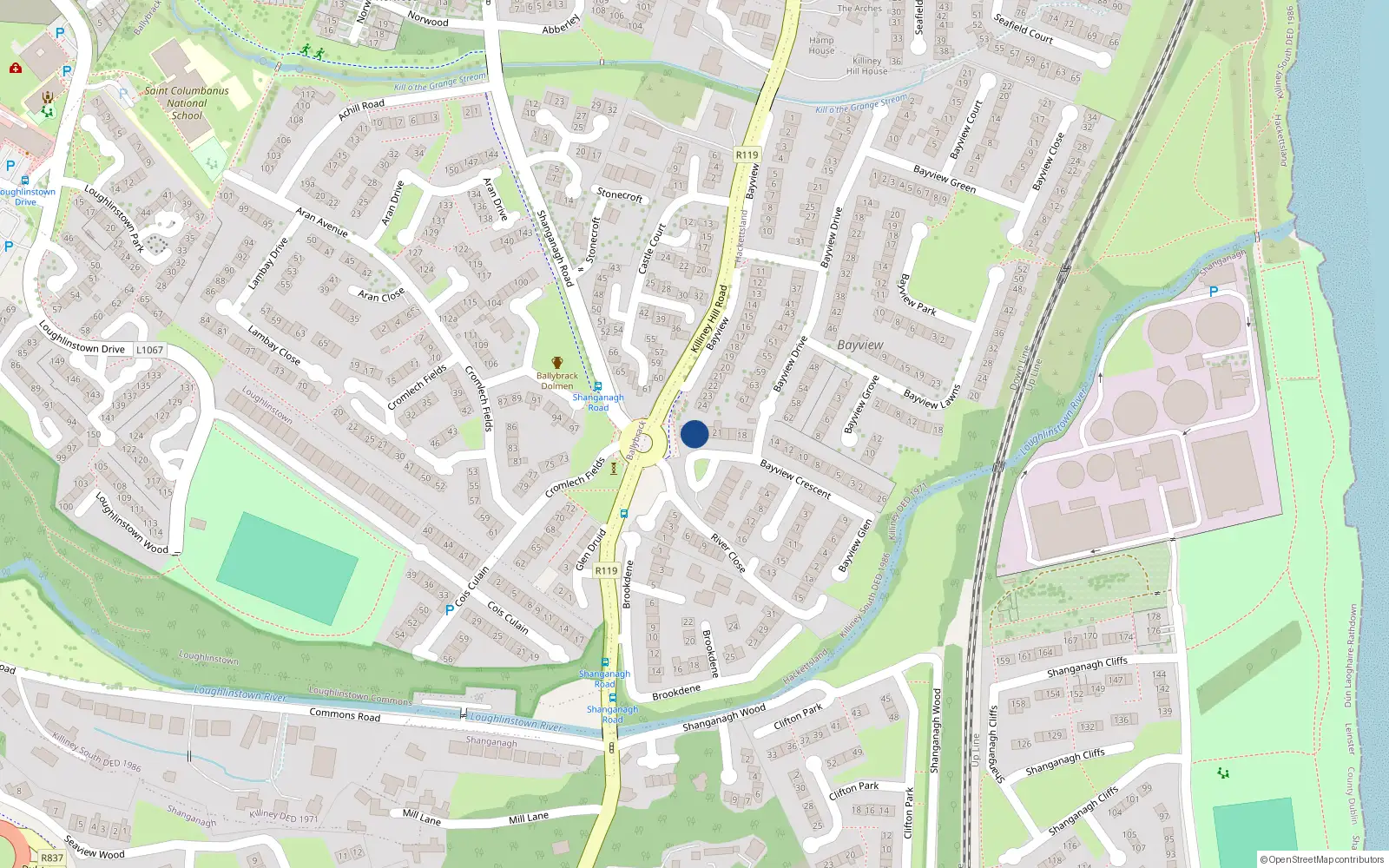 Overhead map showing the location of 24 Bayview Crescent, Killiney