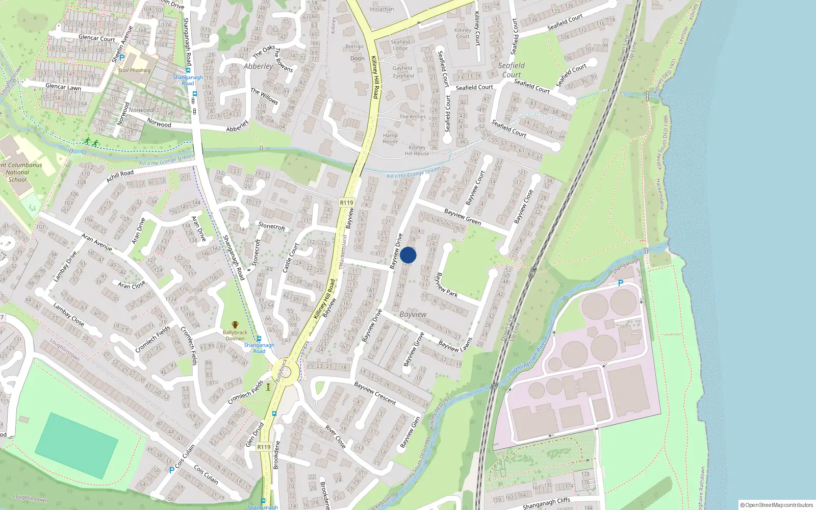 Overhead map showing the location of 24 Bayview Drive, Killiney, Dublin