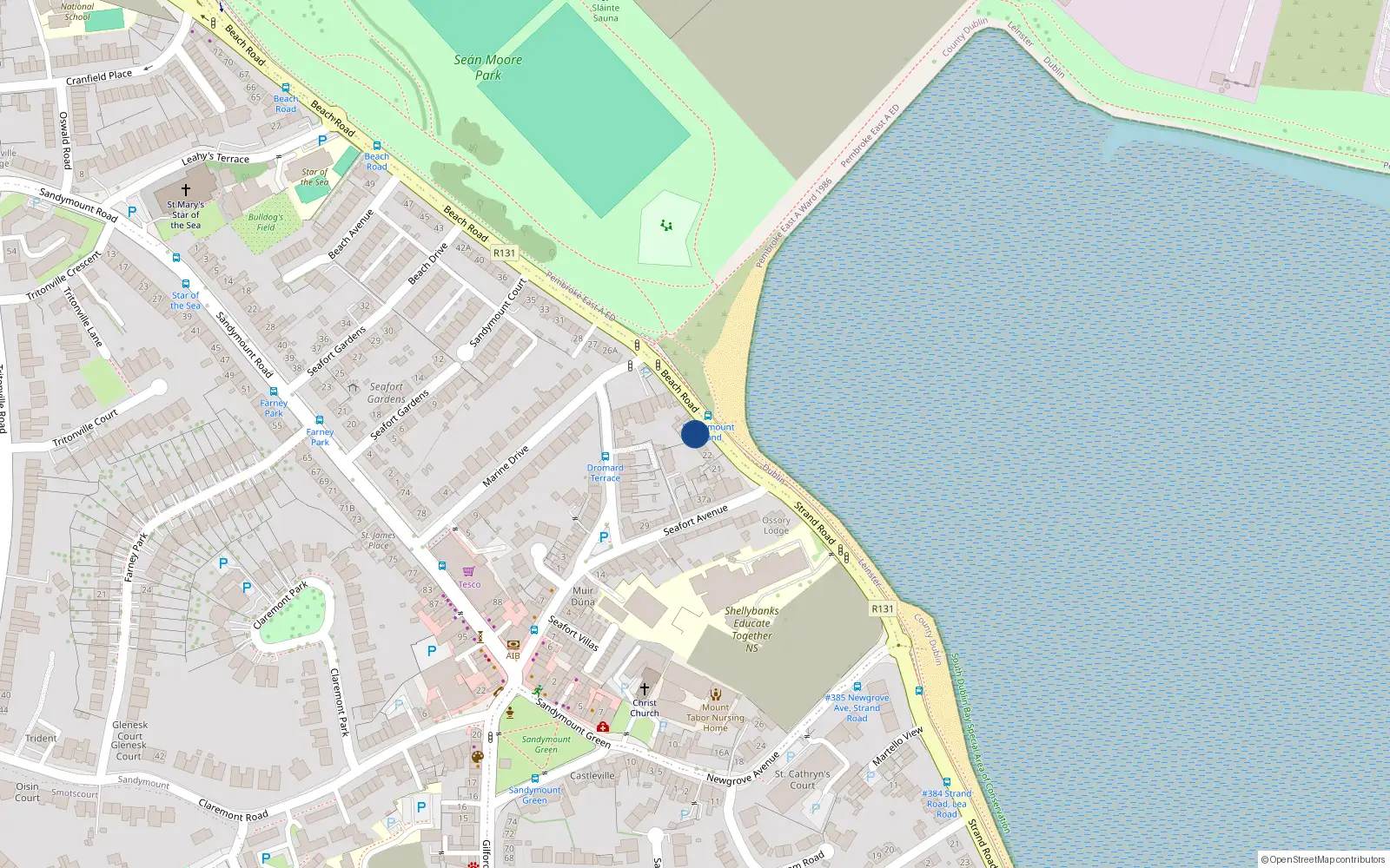 Overhead map showing the location of 24 Beach Road, Sandymount