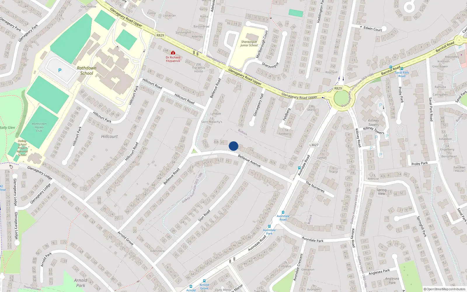 Overhead map showing the location of 24 Bellevue Avenue, Glenageary, Dublin