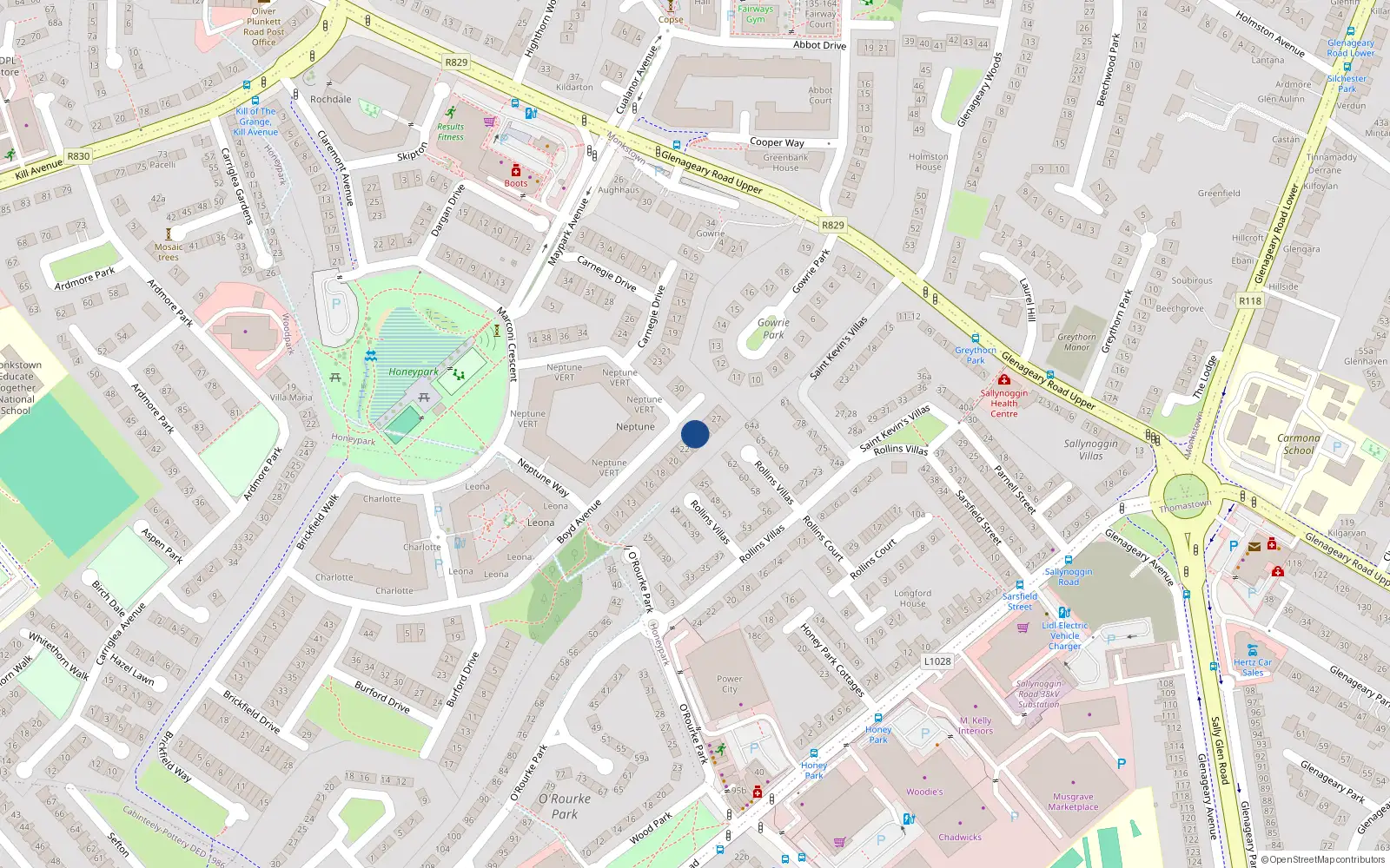 Overhead map showing the location of 24 Boyd Avenue, Dun Laoghaire