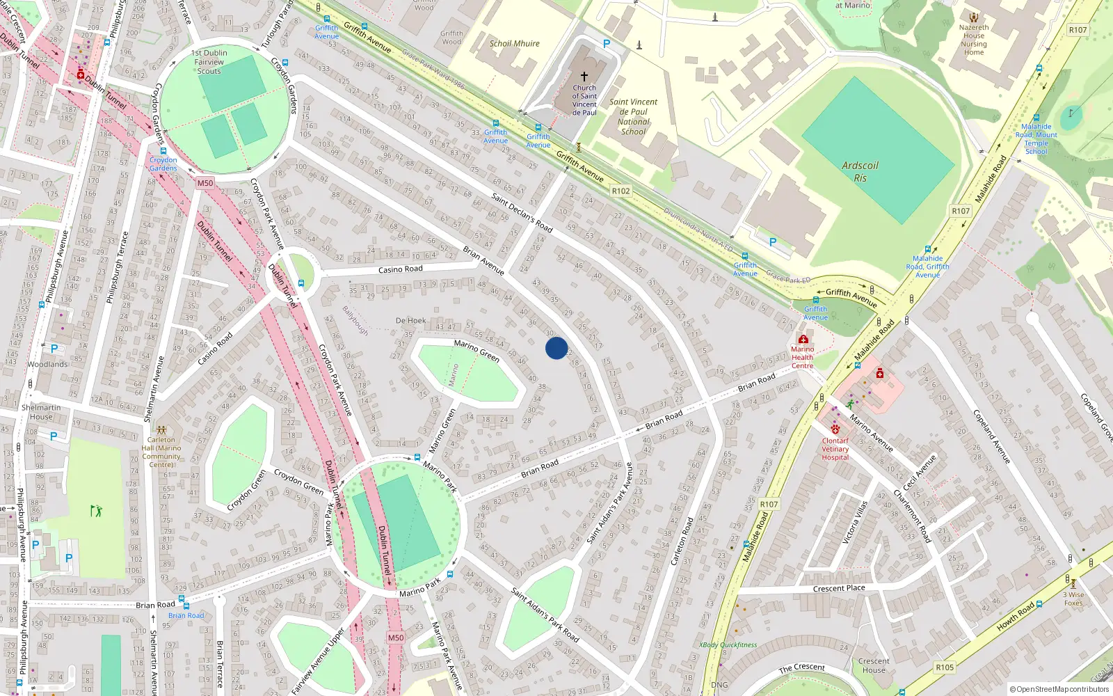 Overhead map showing the location of 24 Brian Avenue, Marino, Dublin 3