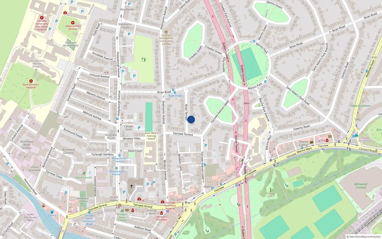 Overhead map showing the location of 24 Brian Terrace, Fairview, Dublin 3