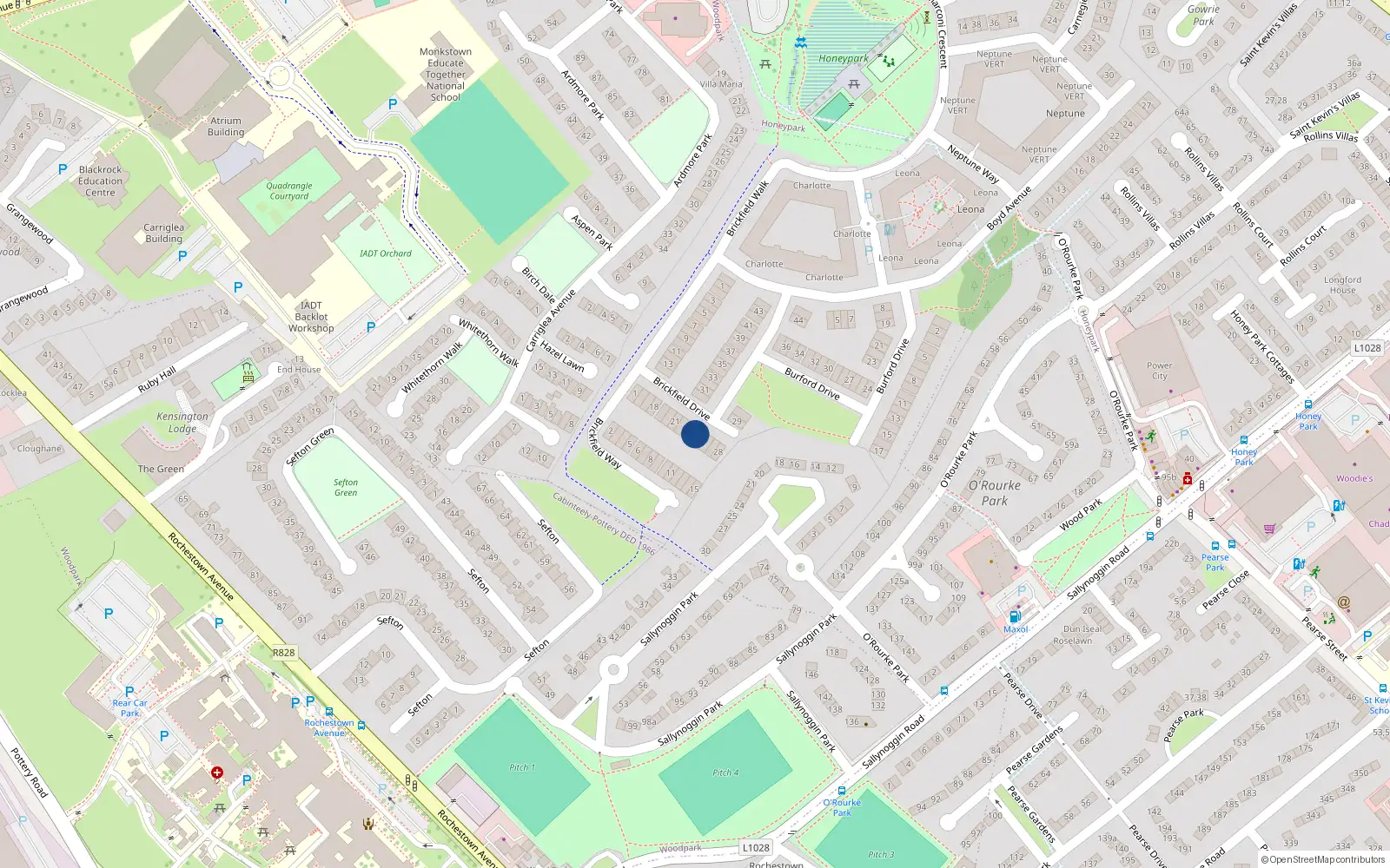 Overhead map showing the location of 24 Brickfield Drive, Dun Laoghaire