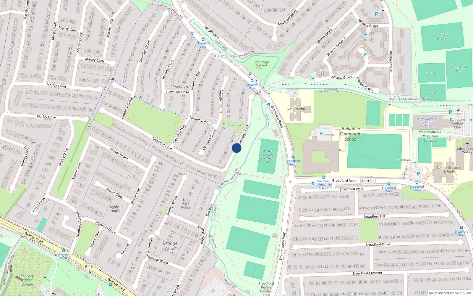 Overhead map showing the location of 24 Broadfield Park, Ballinteer