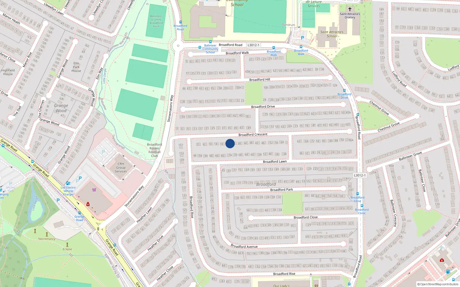 Overhead map showing the location of 24 Broadford Crescent, Dublin 16