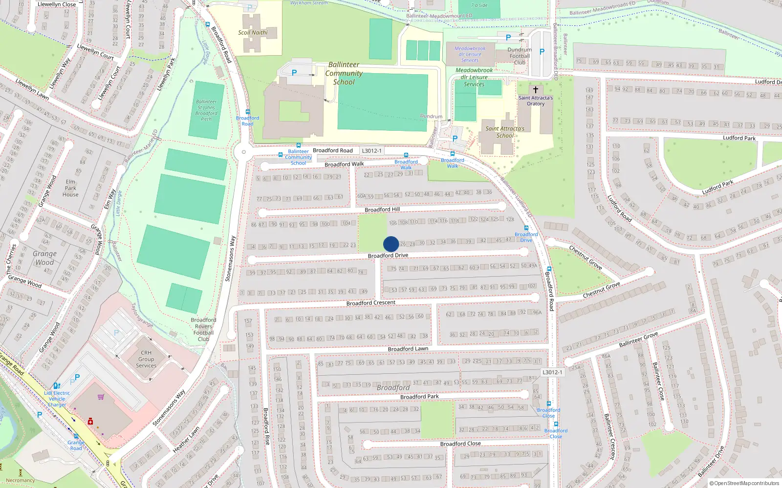 Overhead map showing the location of 24 Broadford Drive, Dublin 16