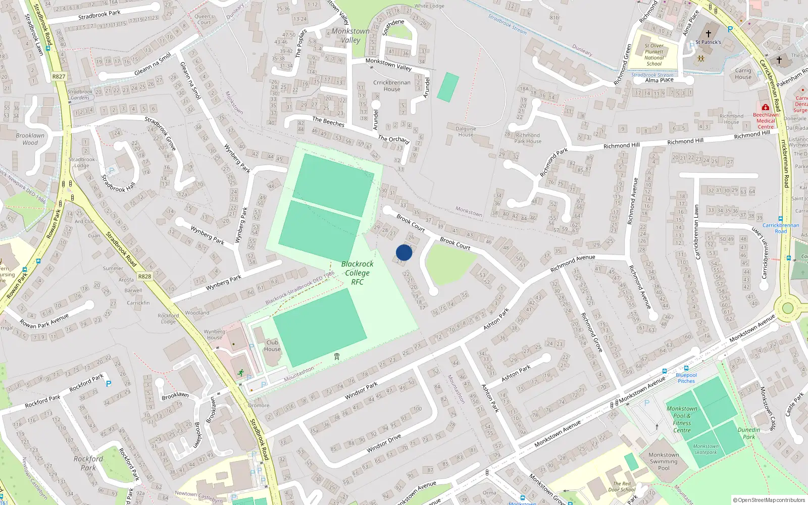Overhead map showing the location of 24 Brook Court, Monkstown