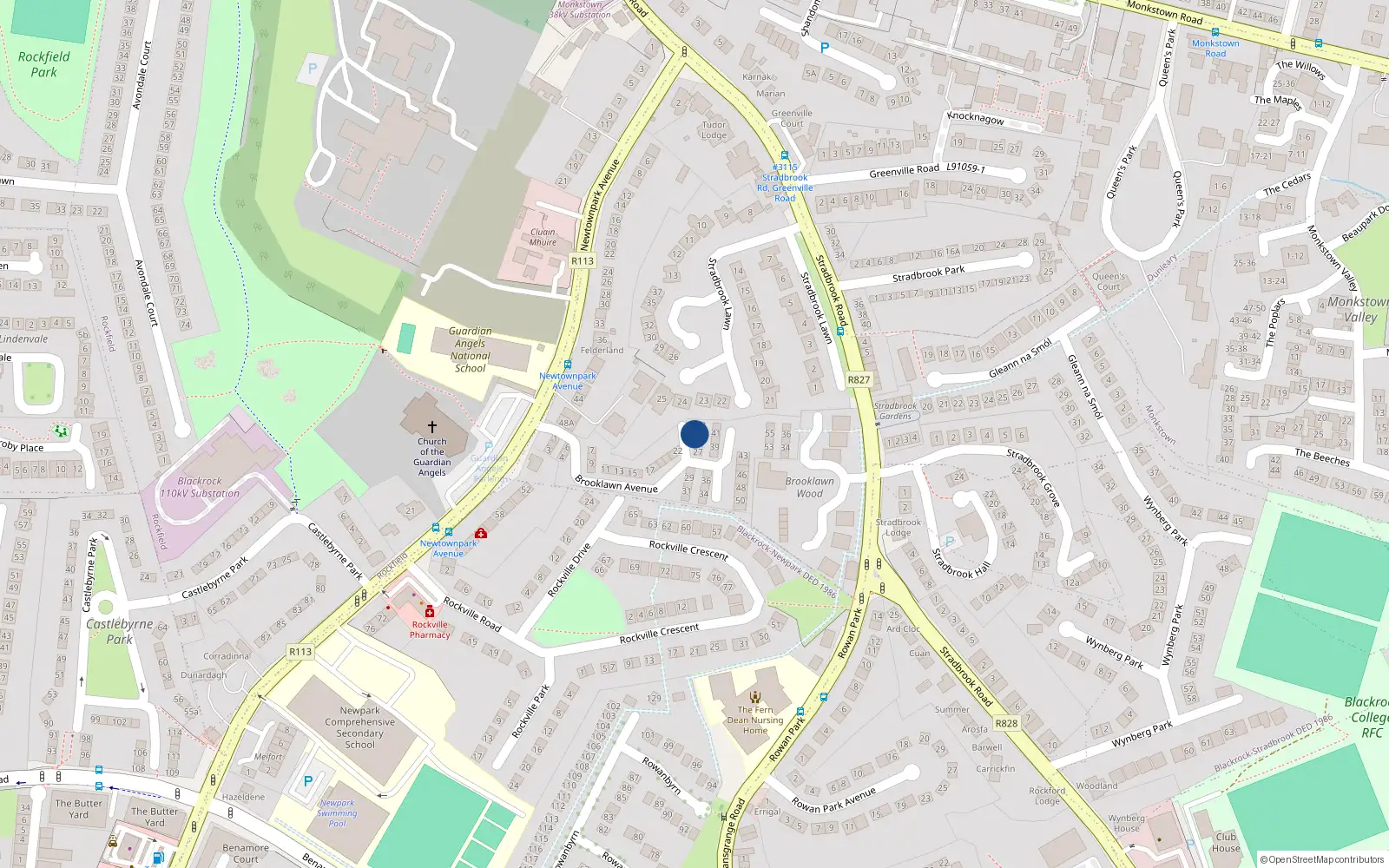 Overhead map showing the location of 24 Brooklawn Avenue, Newtownpark Avenue, Blackrock