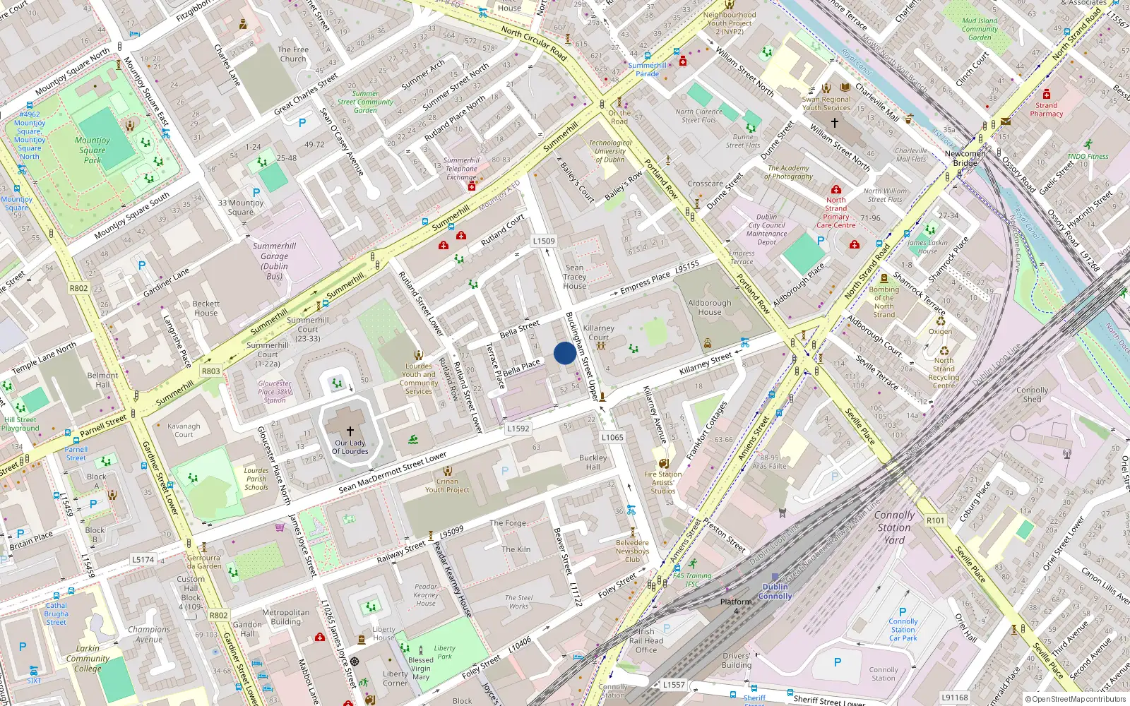 Overhead map showing the location of 24 Buckingham Street Upper, Dublin 1
