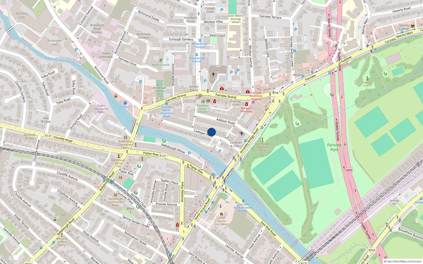 Overhead map showing the location of 24 Cadogan Road, Fairview, Dublin 3