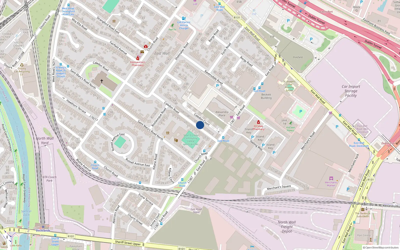 Overhead map showing the location of 24 Caledon Road, East Wall, Dublin 3