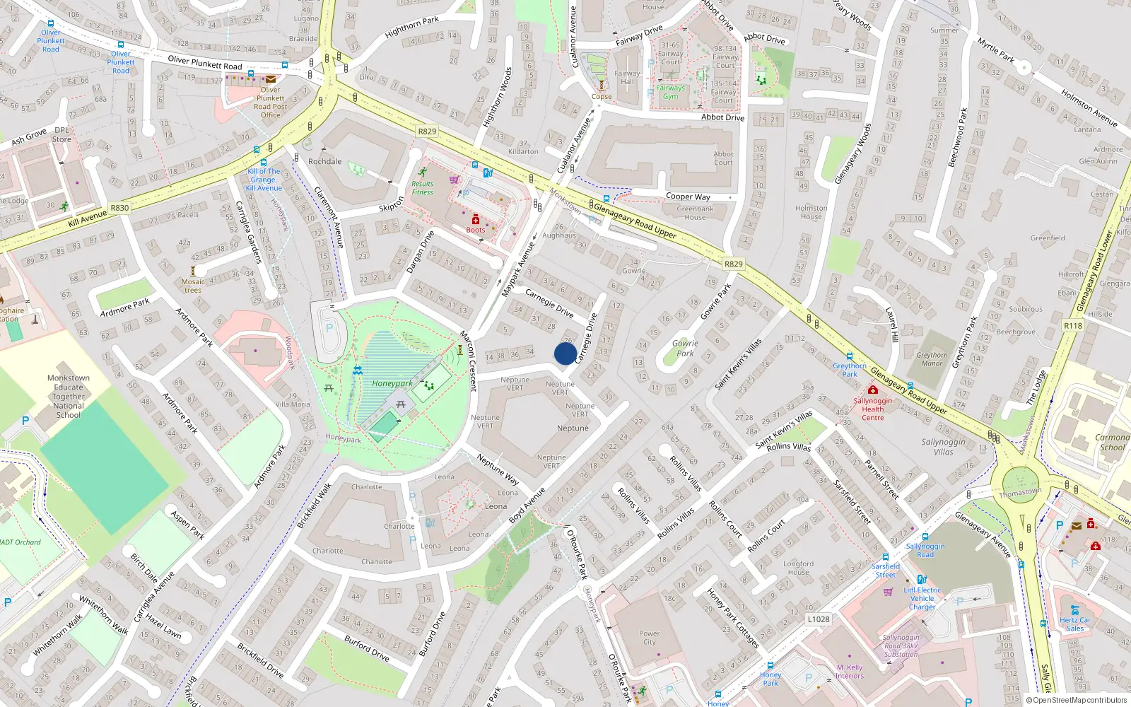 Overhead map showing the location of 24 Carnegie Drive, Dun Laoghaire