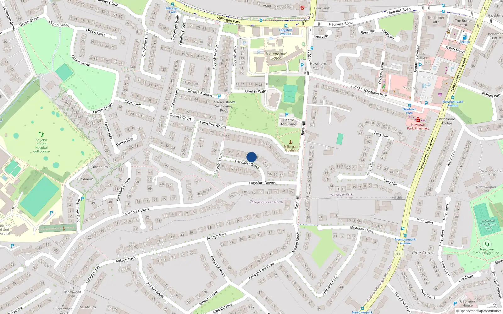Overhead map showing the location of 24 Carysfort Grove, Blackrock, Co Dublin