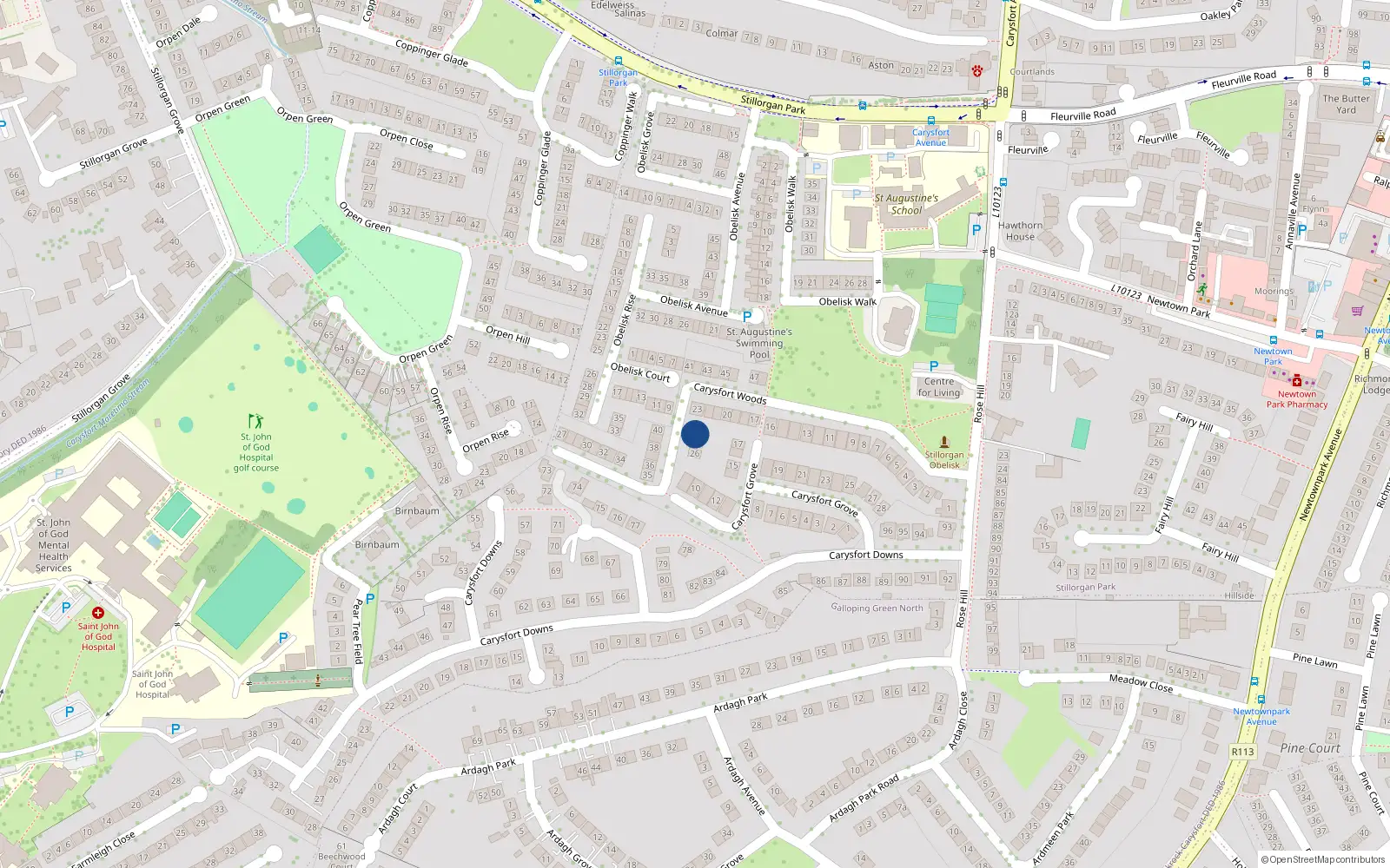 Overhead map showing the location of 24 Carysfort Woods, Blackrock, Dublin