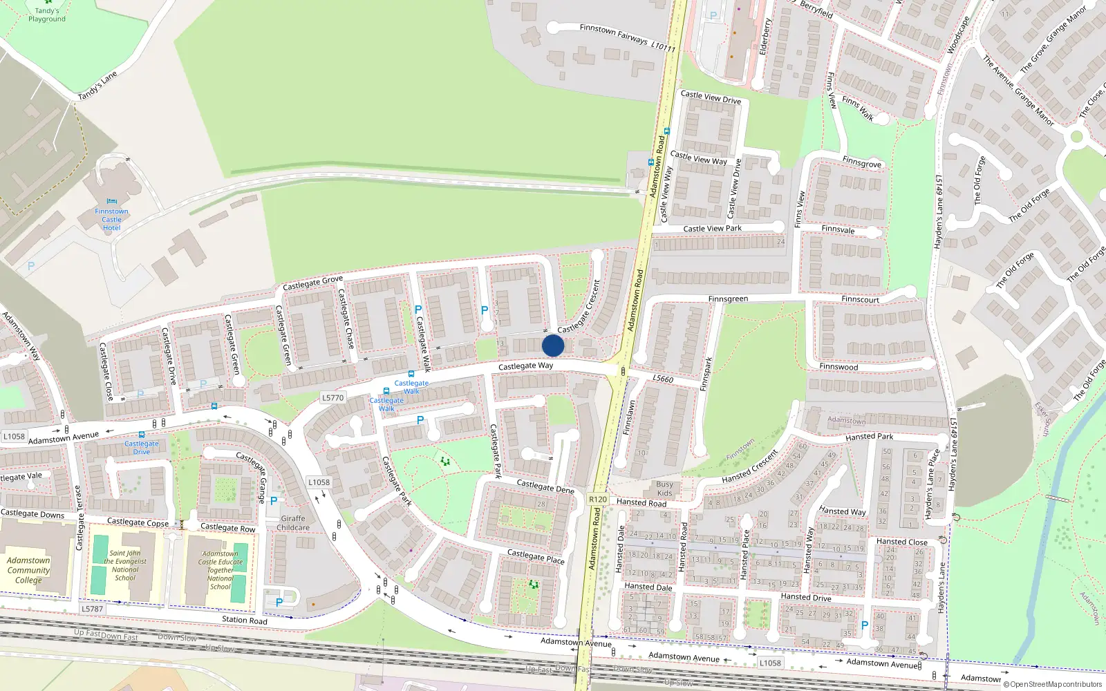 Overhead map showing the location of 24 Castlegate Crescent, Adamstown, Dublin