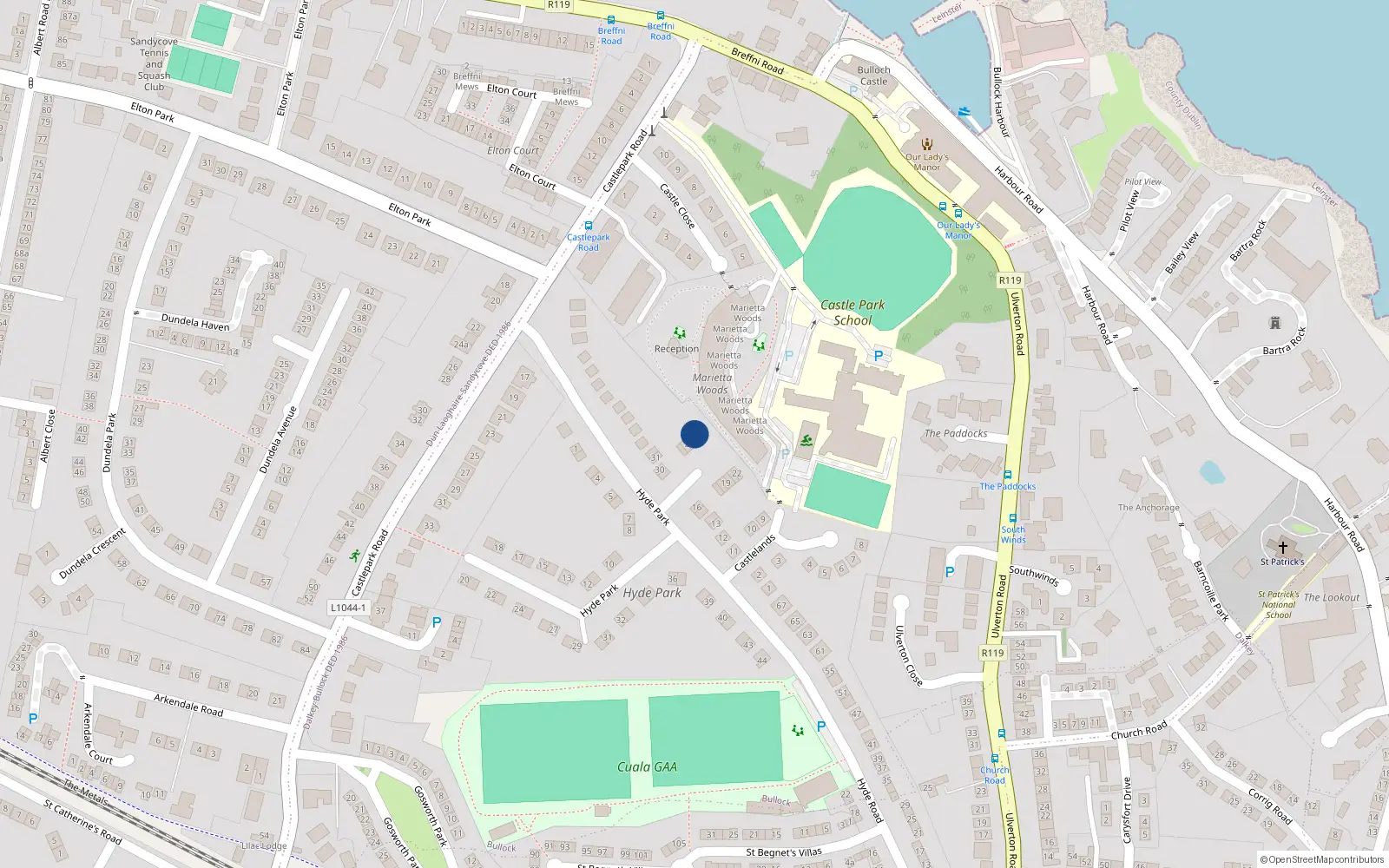 Overhead map showing the location of 24 Castlelands Grove, Hyde Road, Dalkey