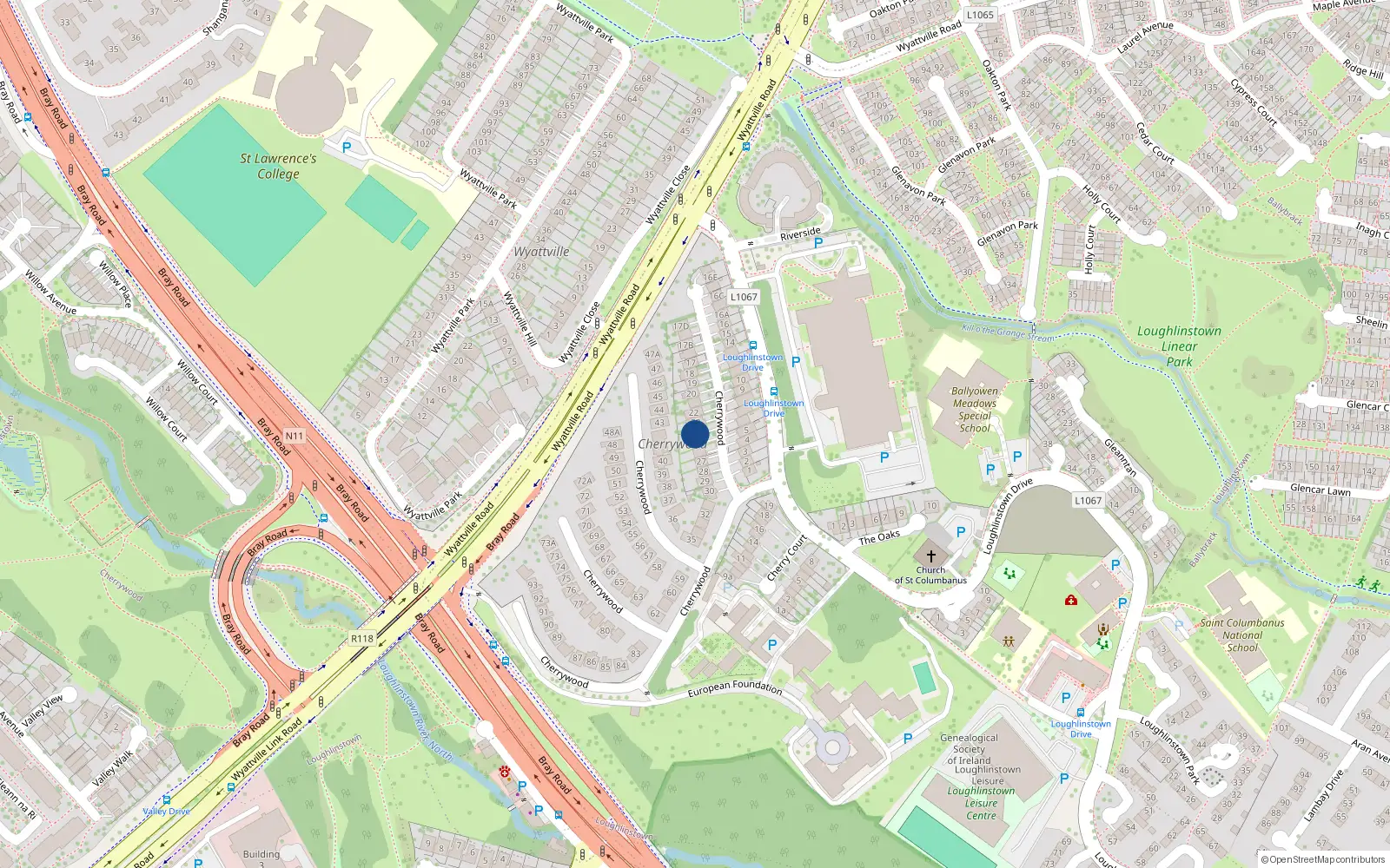 Overhead map showing the location of 24 Cherrywood, Loughlinstown, Co Dublin