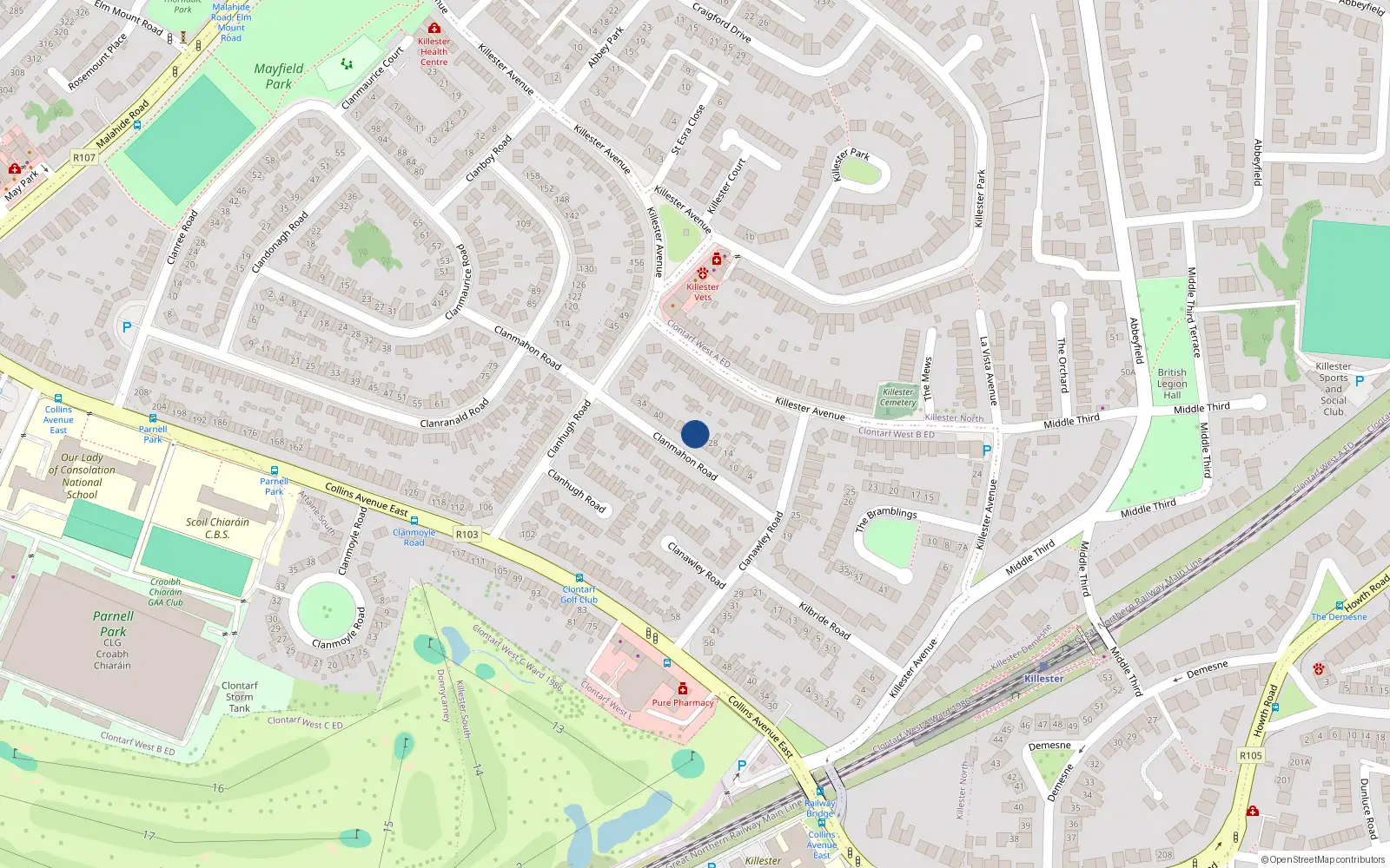Overhead map showing the location of 24 Clanmahon Road, Dublin 5