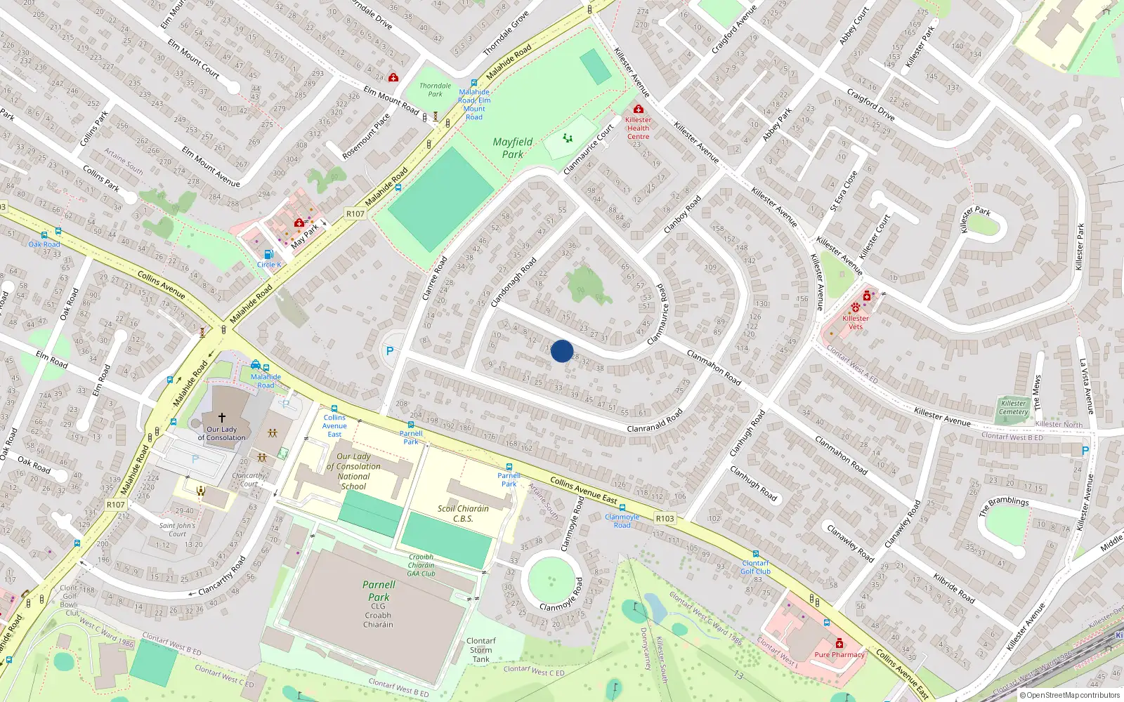 Overhead map showing the location of 24 Clanmaurice Road, Donnycarney, Dublin