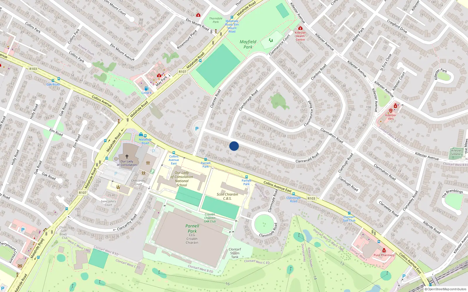 Overhead map showing the location of 24 Clanronald Road, Donnycarney, Dublin 5