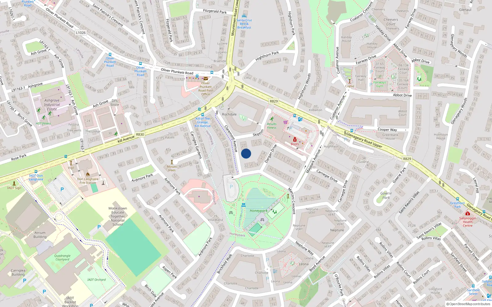 Overhead map showing the location of 24 Claremont Avenue, Dun Laoghaire