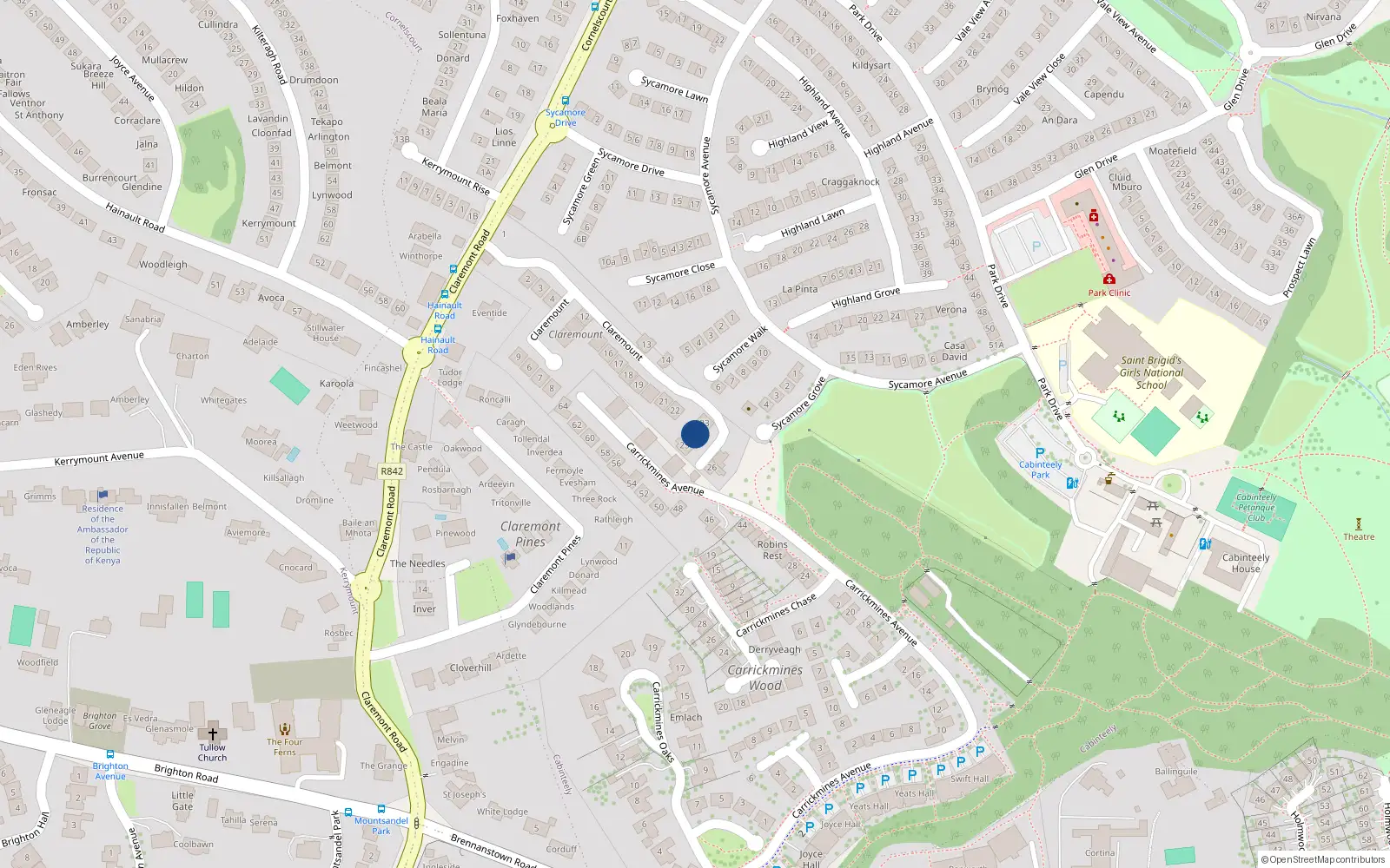Overhead map showing the location of 24 Claremount, Dublin 18