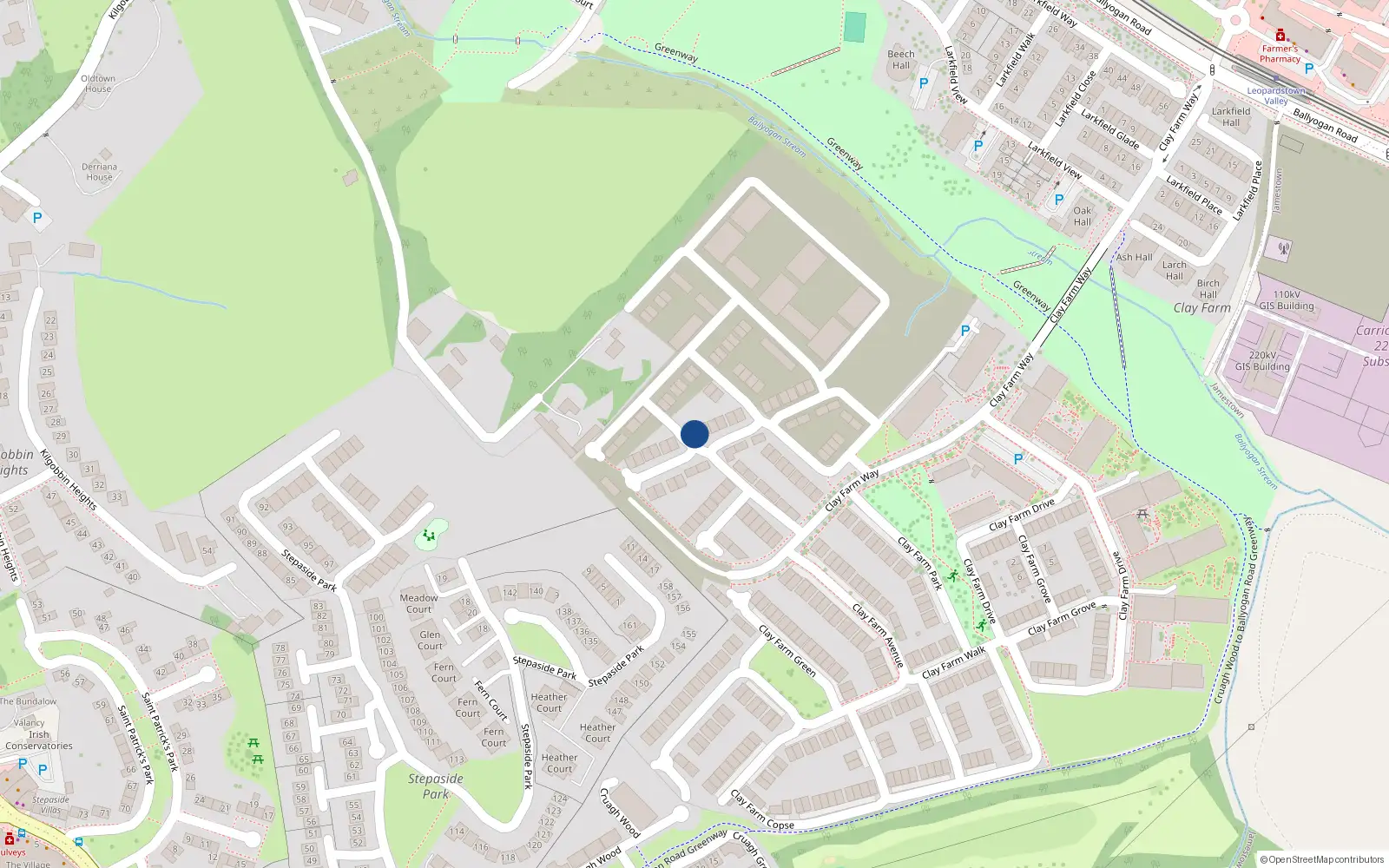 Overhead map showing the location of 24 Clay Farm Glade, Dublin 18