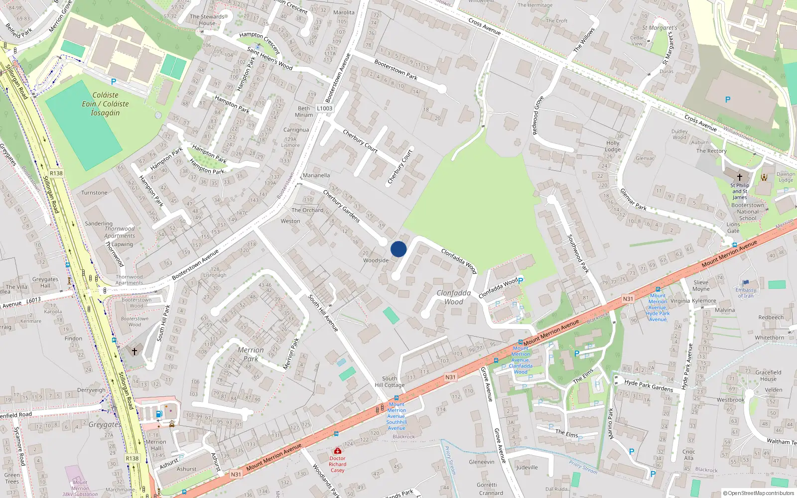 Overhead map showing the location of 24 Clonfadda Wood, Mount Merrion Avenue, Blackrock