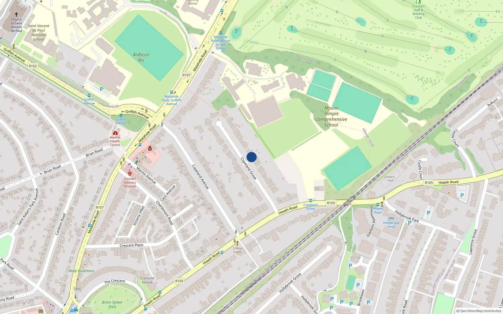 Overhead map showing the location of 24 Copeland Grove, Clontarf, Dublin 3