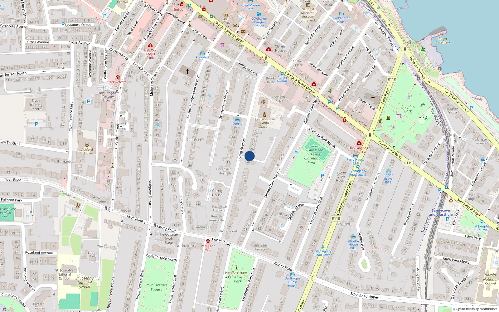 Overhead map showing the location of 24 Corrig Avenue, Dublin
