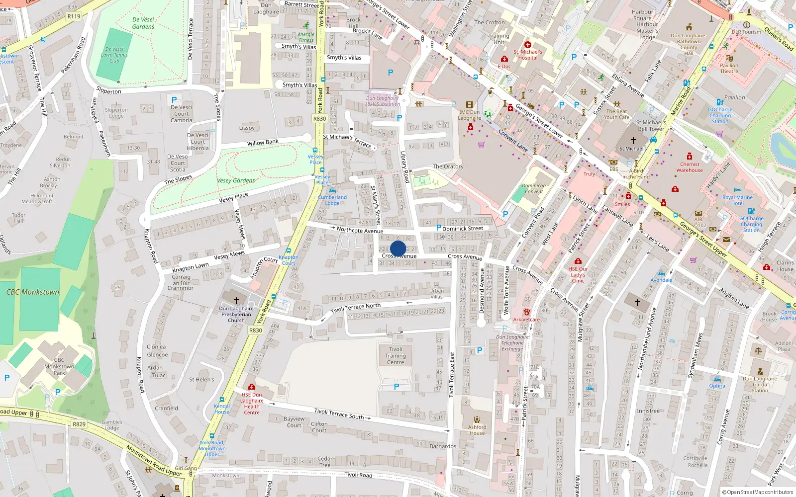 Overhead map showing the location of 24 Cross Avenue, County Dublin