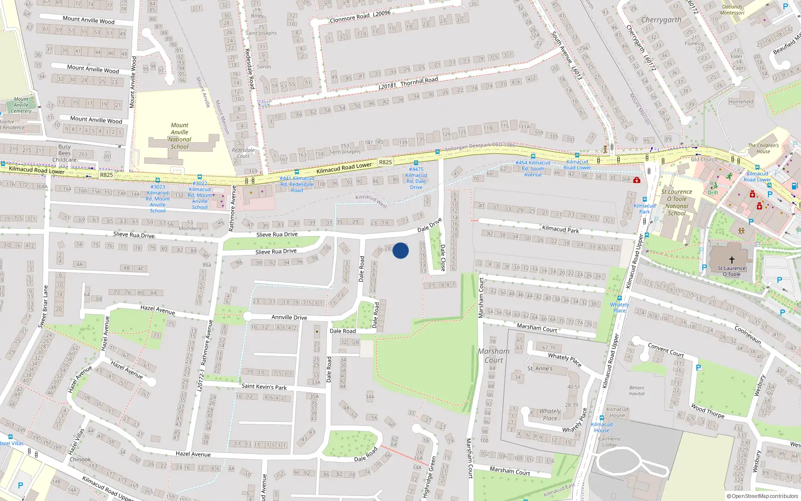 Overhead map showing the location of 24 Dale Drive, Stillorgan