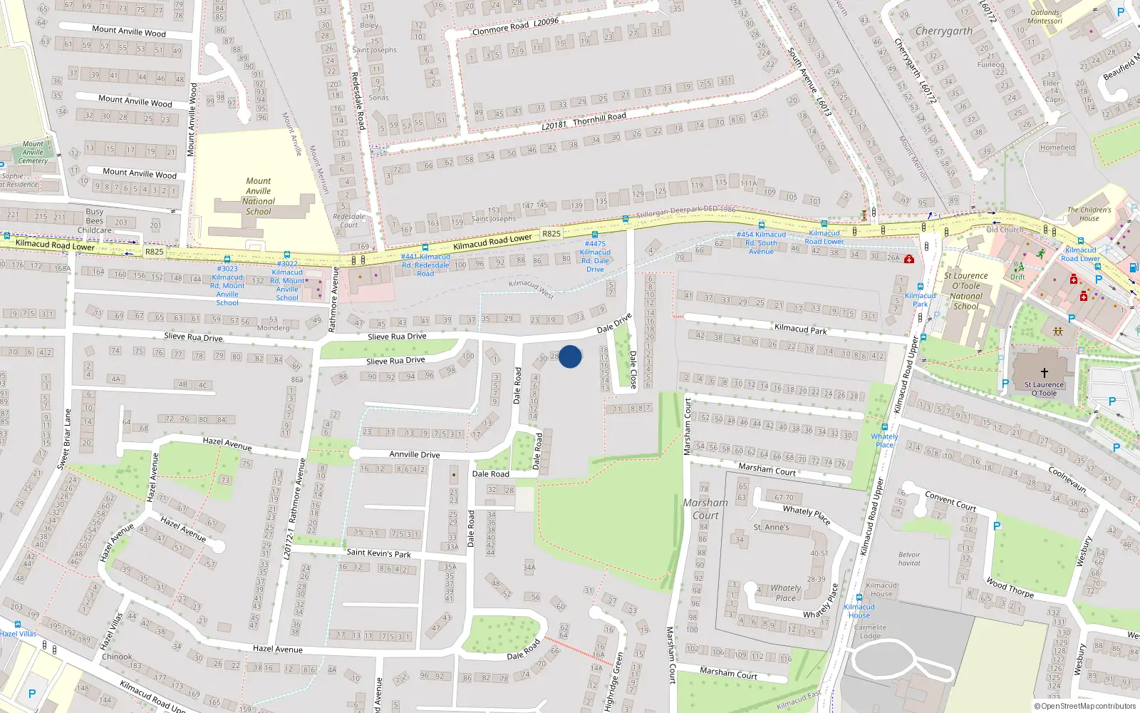 Overhead map showing the location of 24 Dale Drive, Lower Kilmacud Road, Stillorgan