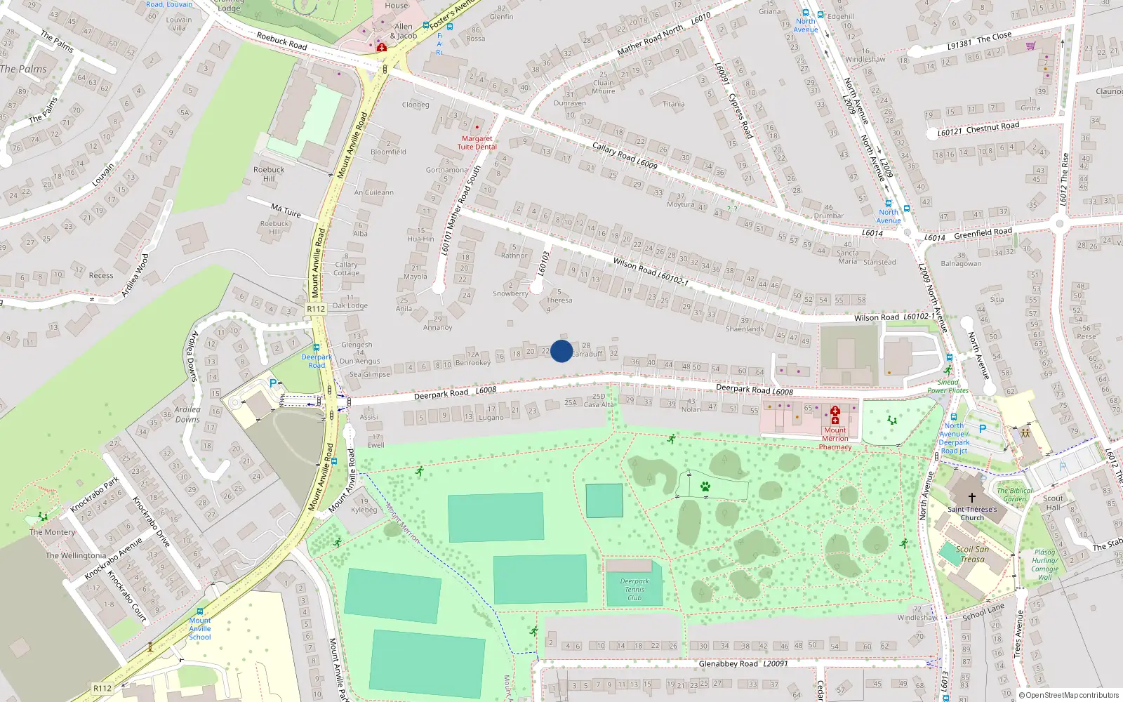 Overhead map showing the location of 24 Deerpark Road, Mount Merrion, Co Dublin