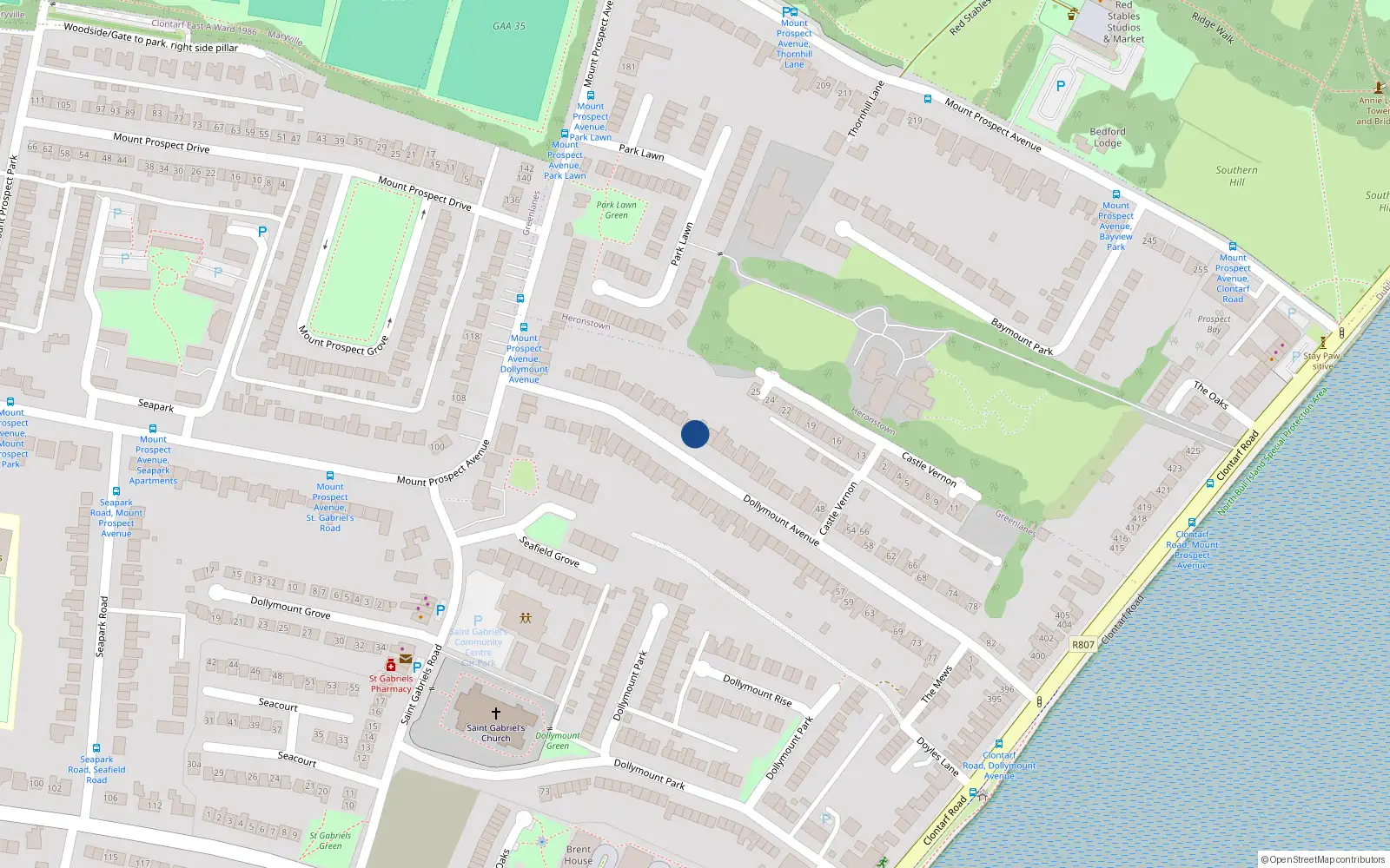 Overhead map showing the location of 24 Dollymount Avenue, Clontarf, Dublin 3