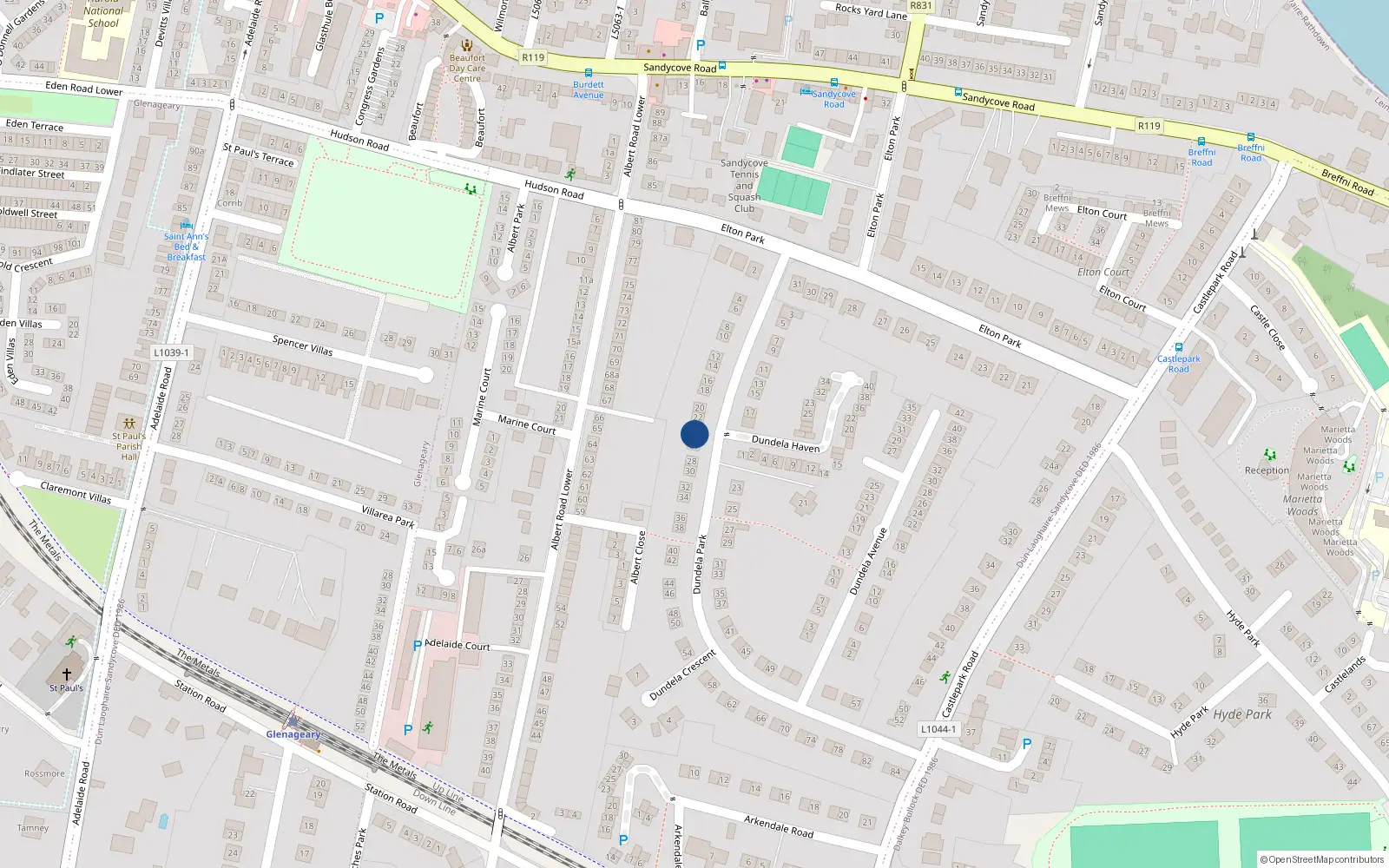 Overhead map showing the location of 24 Dundela Park, Sandycove, Dublin