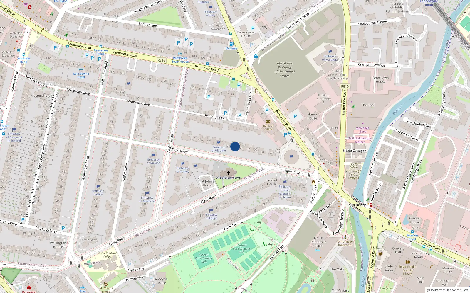 Overhead map showing the location of 24 Elgin Road, Dublin
