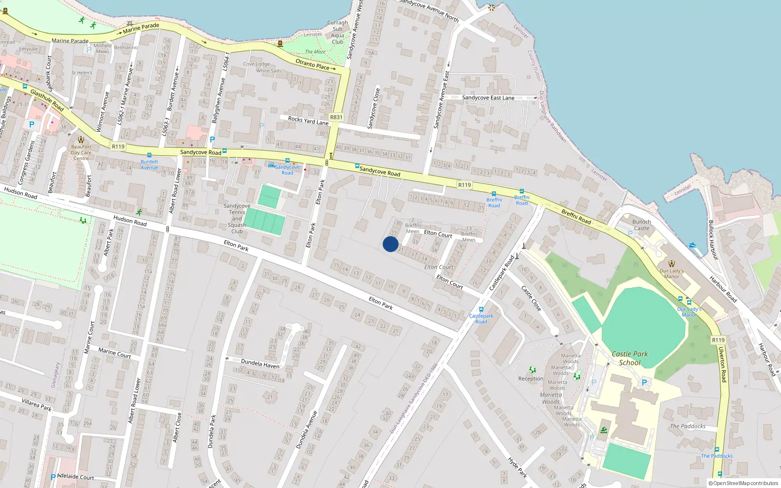 Overhead map showing the location of 24 Elton Court, Castlepark Road, Sandycove
