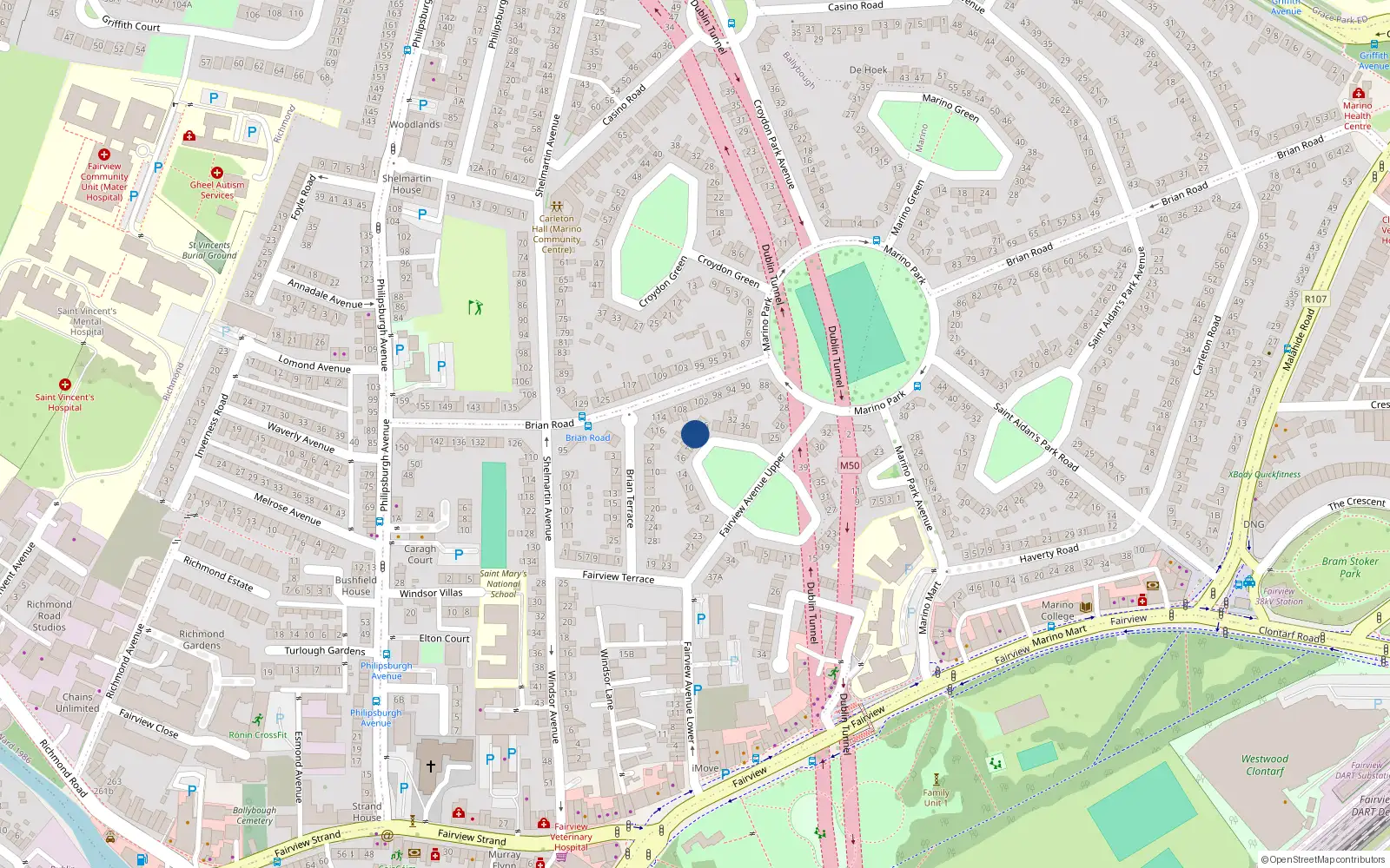 Overhead map showing the location of 24 Fairview Green, Dublin 3, Dublin