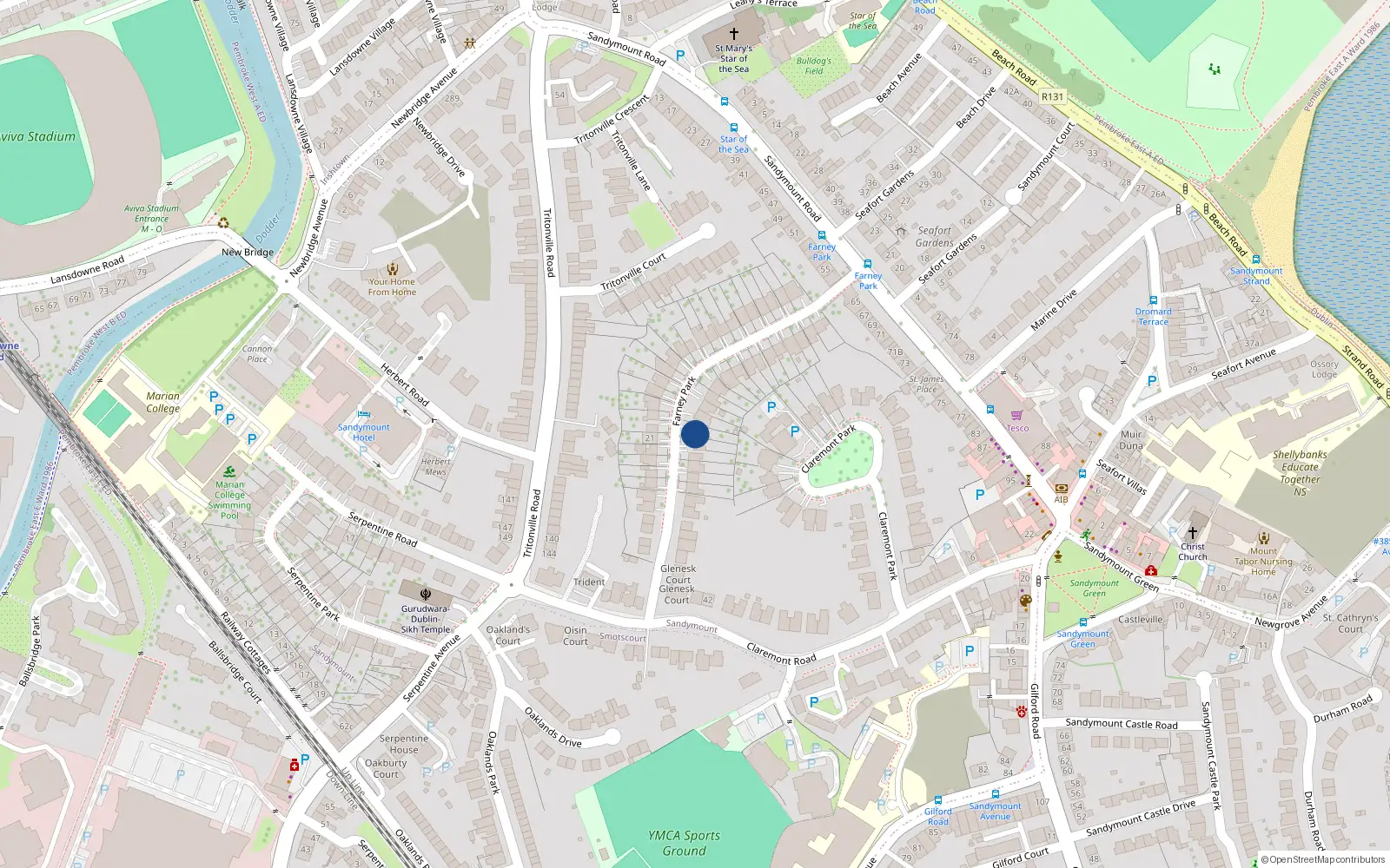 Overhead map showing the location of 24 Farney Park, Sandymount