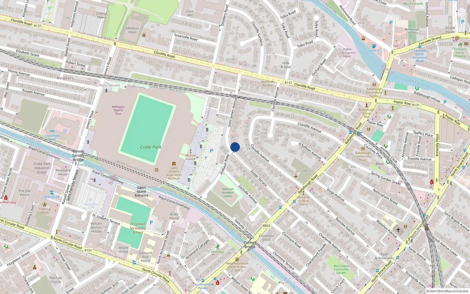 Overhead map showing the location of 24 Foster Terrace, Dublin 3