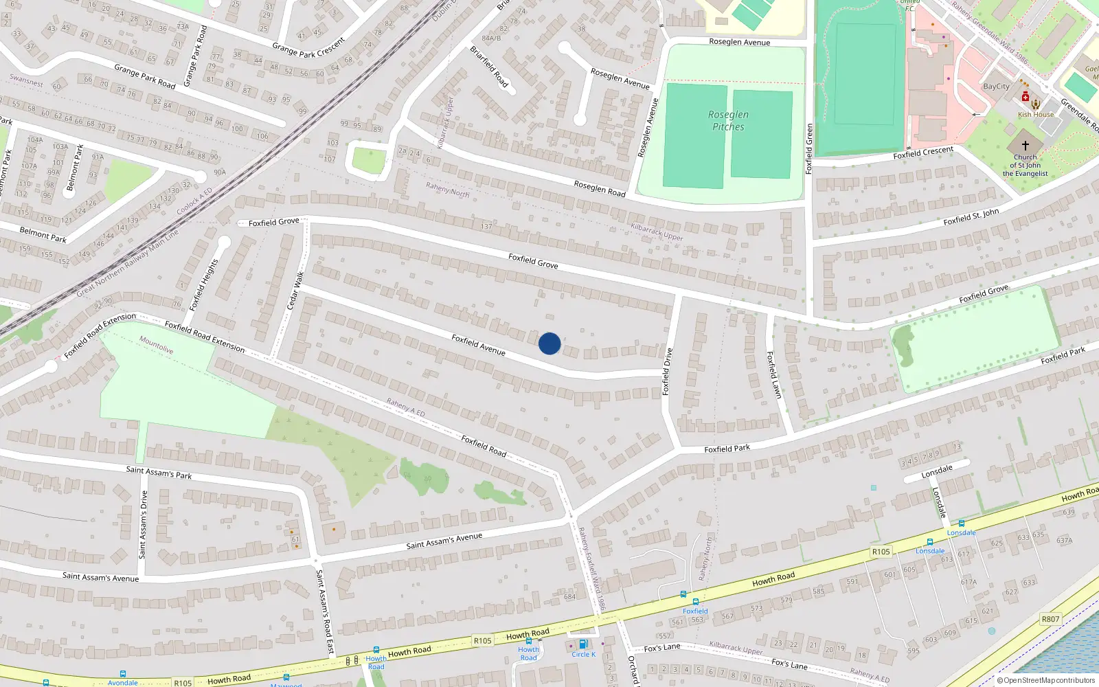 Overhead map showing the location of 24 Foxfield Avenue, Dublin