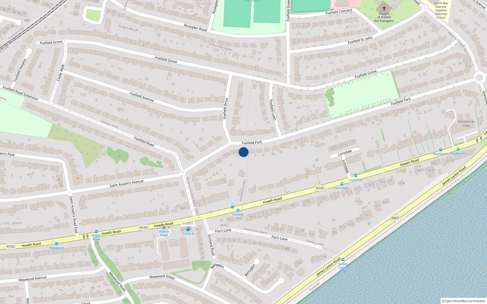 Overhead map showing the location of 24 Foxfield Park, Dublin 5